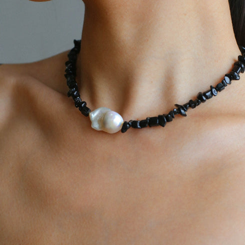 Large Baroque Pearl Black Gemstone Necklace
